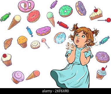 Joyful happy girl. Confectionery sweets candy cupcake donut cake ice cream. birthday background Stock Vector