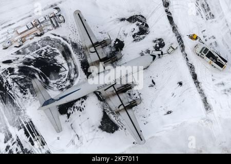 Everts Air Cargo C-188A Liftmaster aircraft. Plane DC-6 (DC-6A version) of Everts Air Cargo. Airplane equipped with radial engines P&W R-2800. Stock Photo