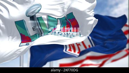 Glendale, US, Nov 2022: Flags of he 57th Super Bowl and NFL waving in the  wind. The game is scheduled to be played on February 12, 2023 in Glendale,  A Stock Photo - Alamy