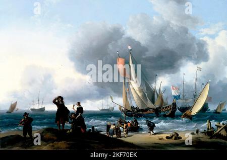 Ludolf Backhuysen ( Ludolf Bakhuizen : 1631-1708) 'Dutchmen Embarking onto a Yacht ', oil on canvas, 1670s Stock Photo