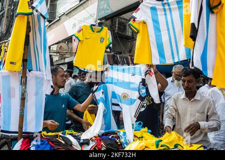Dhaka, Bangladesh. 16th Nov, 2022. Bangladeshi vendors sell Brazil and Argentina jersey ahead of FIFA world cup 2022. (Photo by Sazzad Hossain/SOPA Images/Sipa USA) Credit: Sipa USA/Alamy Live News Stock Photo