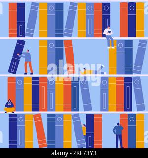 Bookshelves with cartoon people and color books seamless pattern vector illustration. Education and learning concept. Wallpaper, wrapping paper, texti Stock Vector