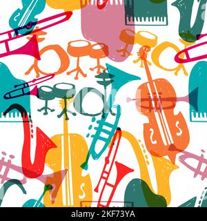 Jazz music festival seamless pattern background. Vector illustration of colorful doodle cartoon instrument. Includes piano, saxophone, trumpet and mor Stock Vector