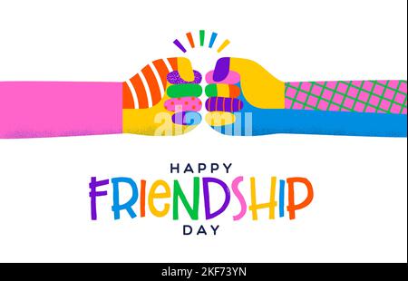 Happy frindship day greeting card illustration of colorful diverse friend hands doing fist bump gesture together. Different culture holiday event post Stock Vector