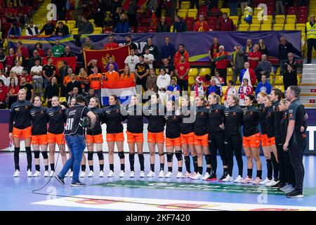 SKOPJE, MACEDONIA - NOVEMBER 16: Laura van der Heijden of the Netherlands, Debbie Bont of the Netherlands, Pipy Wolfs of the Netherlands, Bo van Wetering of the Netherlands, Kim Molenaar of the Netherlands, Kelly Dulfer of the Netherlands, Merel Freriks of the Netherlands, Inger Smits of the Netherlands, Zoe Sprengers of the Netherlands, Angela Malestein of the Netherlands, Nikita van der Vliet of the Netherlands, Rinka Duijndam of the Netherlands, Yara ten Holte of the Netherlands, Harma van Kreij of the Netherlands, Maxime Struijs of the Netherlands, Dione Housheer of the Netherlands and Est Stock Photo