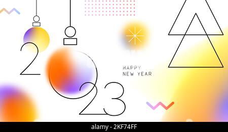 Happy New Year 2023 banner illustration in modern abstract geometric design style. Colorful light blur gradient bauble decoration on white background Stock Vector