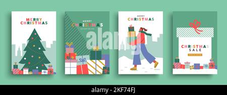 Special Christmas sale illustration set, woman walking in winter landscape, tree pine decorating and big gift box. Winter promotion for retail store c Stock Vector