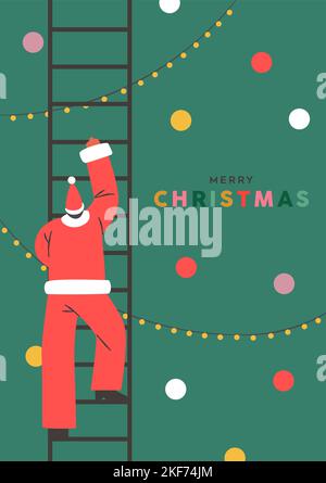 Merry Christmas greeting card illustration. Holiday season scene, Santa claus climbing the pine tree with big ladder. Stock Vector
