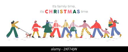Christmas is family time banner illustration template, social people crowd walking and holding hands in winter season. Men, women and children celebra Stock Vector