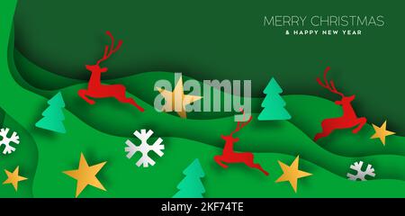 Merry Christmas Happy New Year paper cut web banner illustration. 3D paper cut holiday decoration in green waves background. Festive xmas craft icons Stock Vector