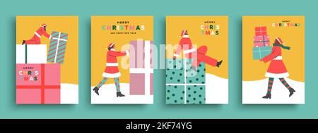 Merry Christmas greeting card set illustration of diverse people in santa claus costume with big xmas gift box. Holiday season scene collection, santa Stock Vector