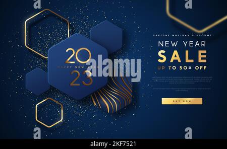 New Year 2023 sale discount web template illustration, luxury 3d geometric shape background with gold abstract shapes on blue backdrop for holiday bus Stock Vector