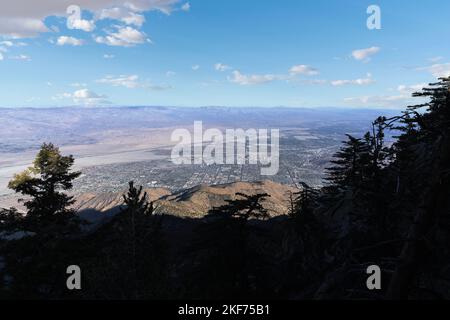 View towards Palm Springs and the Coachella Valley desert from the San Jacinto Mountains in Southern California. Stock Photo