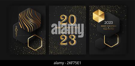 Merry Christmas Happy New Year 2023 modern luxury greeting card set. Futuristic 3D geometric shape illustration collection with gold glitter and golde Stock Vector