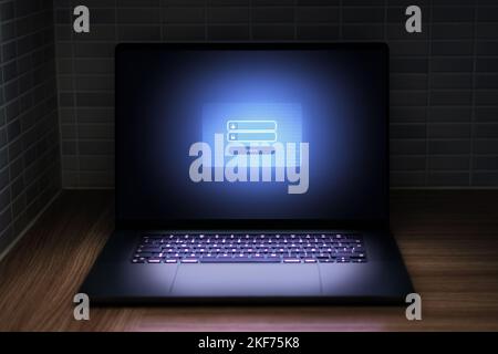 Password to personal data security and cyber protection in laptop. Login lock screen in computer in dark. Confidential information encrypted. Stock Photo