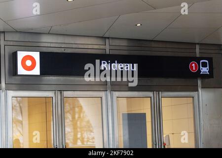 Ottawa, Canada - November 11, 2022: Entrance to Rideau O-Train station. OC Transpo Light Rail Transit Stock Photo