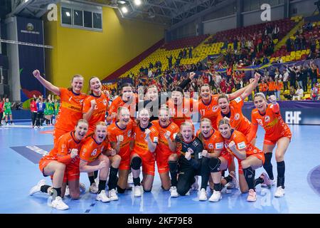 SKOPJE, MACEDONIA - NOVEMBER 16: Laura van der Heijden of the Netherlands, Debbie Bont of the Netherlands, Pipy Wolfs of the Netherlands, Bo van Wetering of the Netherlands, Kim Molenaar of the Netherlands, Kelly Dulfer of the Netherlands, Merel Freriks of the Netherlands, Inger Smits of the Netherlands, Zoe Sprengers of the Netherlands, Angela Malestein of the Netherlands, Nikita van der Vliet of the Netherlands, Rinka Duijndam of the Netherlands, Yara ten Holte of the Netherlands, Harma van Kreij of the Netherlands, Maxime Struijs of the Netherlands, Dione Housheer of the Netherlands and Est Stock Photo