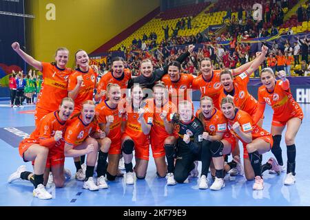 SKOPJE, MACEDONIA - NOVEMBER 16: Laura van der Heijden of the Netherlands, Debbie Bont of the Netherlands, Pipy Wolfs of the Netherlands, Bo van Wetering of the Netherlands, Kim Molenaar of the Netherlands, Kelly Dulfer of the Netherlands, Merel Freriks of the Netherlands, Inger Smits of the Netherlands, Zoe Sprengers of the Netherlands, Angela Malestein of the Netherlands, Nikita van der Vliet of the Netherlands, Rinka Duijndam of the Netherlands, Yara ten Holte of the Netherlands, Harma van Kreij of the Netherlands, Maxime Struijs of the Netherlands, Dione Housheer of the Netherlands and Est Stock Photo