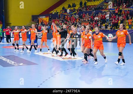 SKOPJE, MACEDONIA - NOVEMBER 16: Laura van der Heijden of the Netherlands, Debbie Bont of the Netherlands, Pipy Wolfs of the Netherlands, Bo van Wetering of the Netherlands, Kim Molenaar of the Netherlands, Kelly Dulfer of the Netherlands, Merel Freriks of the Netherlands, Inger Smits of the Netherlands, Zoe Sprengers of the Netherlands, Angela Malestein of the Netherlands, Nikita van der Vliet of the Netherlands, Rinka Duijndam of the Netherlands, Yara ten Holte of the Netherlands, Harma van Kreij of the Netherlands, Maxime Struijs of the Netherlands, Dione Housheer of the Netherlands and Est Stock Photo