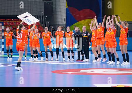 SKOPJE, MACEDONIA - NOVEMBER 16: Laura van der Heijden of the Netherlands, Debbie Bont of the Netherlands, Pipy Wolfs of the Netherlands, Bo van Wetering of the Netherlands, Kim Molenaar of the Netherlands, Kelly Dulfer of the Netherlands, Merel Freriks of the Netherlands, Inger Smits of the Netherlands, Zoe Sprengers of the Netherlands, Angela Malestein of the Netherlands, Nikita van der Vliet of the Netherlands, Rinka Duijndam of the Netherlands, Yara ten Holte of the Netherlands, Harma van Kreij of the Netherlands, Maxime Struijs of the Netherlands, Dione Housheer of the Netherlands and Est Stock Photo