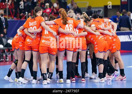 SKOPJE, MACEDONIA - NOVEMBER 16: Laura van der Heijden of the Netherlands, Debbie Bont of the Netherlands, Pipy Wolfs of the Netherlands, Bo van Wetering of the Netherlands, Kim Molenaar of the Netherlands, Kelly Dulfer of the Netherlands, Merel Freriks of the Netherlands, Inger Smits of the Netherlands, Zoe Sprengers of the Netherlands, Angela Malestein of the Netherlands, Nikita van der Vliet of the Netherlands, Rinka Duijndam of the Netherlands, Yara ten Holte of the Netherlands, Harma van Kreij of the Netherlands, Maxime Struijs of the Netherlands, Dione Housheer of the Netherlands and Est Stock Photo