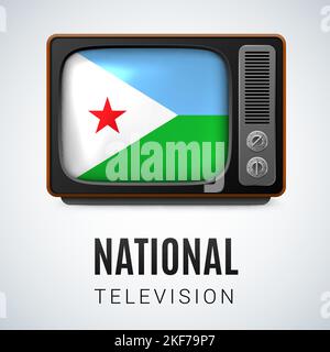Vintage TV and Flag of Djibouti as Symbol National Television. Button with Djiboutian flag Stock Vector