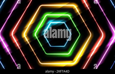 Neon multicolor hexagon on black background. Glowing honeycomb geometric shapes with shining effects. Neon hexagonal frames. Vector illustration Stock Vector