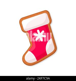 Christmas sock shaped gingerbread cookie with red icing decoration. Flat vector illustration Stock Vector