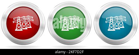 Power line, energy towers vector icon set. Red, blue and green silver metallic web buttons with chrome border Stock Vector