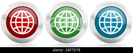 World, globe vector icon set. Red, blue and green silver metallic web buttons with chrome border Stock Vector