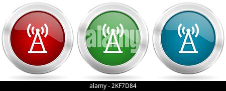 Antenna, signal vector icon set. Red, blue and green silver metallic web buttons with chrome border Stock Vector