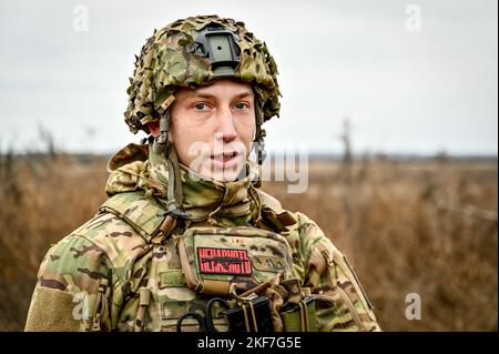 Non Exclusive: ZAPORIZHZHIA REGION, UKRAINE - SEPTEMBER 11, 2022 - A member of a rifle company that holds the line in the Zaporizhzhia direction, call Stock Photo