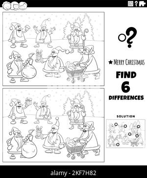 Black and white cartoon illustration of finding differences between pictures educational game for children with Santa Clauses characters on Christmas Stock Vector