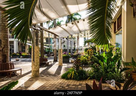 Grand Cayman, Cayman Islands, Aug 2022, view of The Paseo, a street in Camana Bay Stock Photo