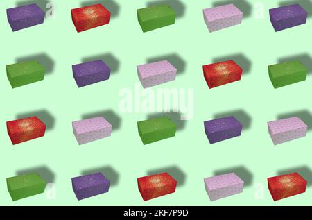 pattern colorful boxes on the pastel green background, creative wrapped boxes in colorful papers with glitter, creative holiday concept Stock Photo