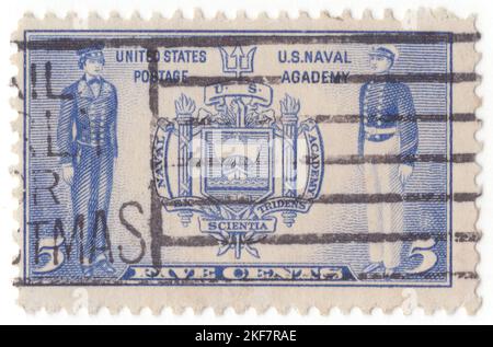 USA - 1936: An 5 cents ultramarine postage stamp depicting Seal of U.S. Naval Academy and Naval Midshipmen. Navy Issue. Issued in honor of the United States Navy. The United States Naval Academy (US Naval Academy, USNA, or Navy) is a federal service academy in Annapolis, Maryland. It was established on 10 October 1845 during the tenure of George Bancroft as Secretary of the Navy. The Naval Academy is the second oldest of the five U.S. service academies and it educates midshipmen for service in the officer corps of the United States Navy and United States Marine Corps Stock Photo