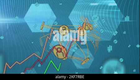 Image of network of connections with people icons over statistics Stock Photo