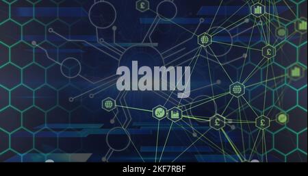 Image of connections and hexagons over navy background Stock Photo