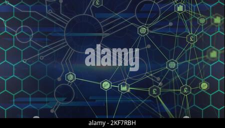Image of connections and hexagons over navy background Stock Photo