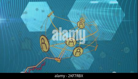 Image of network of connections with people icons over statistics Stock Photo