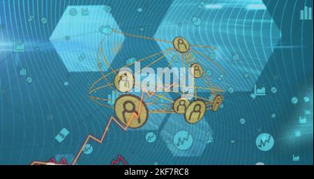 Image of network of connections with people icons over statistics Stock Photo