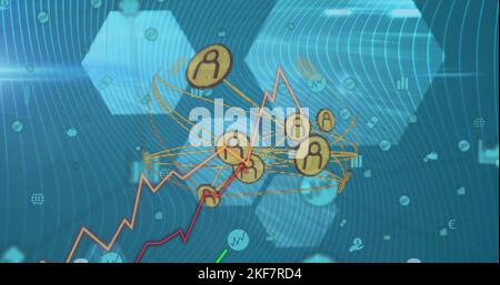 Image of network of connections with people icons over statistics Stock Photo