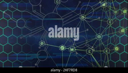 Image of connections and hexagons over navy background Stock Photo