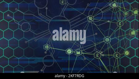 Image of connections and hexagons over navy background Stock Photo