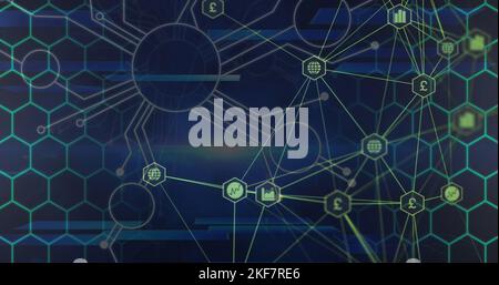 Image of connections and hexagons over navy background Stock Photo