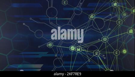 Image of connections and hexagons over navy background Stock Photo