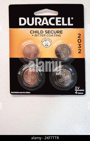 Duracell Lithium button batteries, 4 in a package. Stock Photo