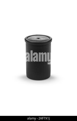 Black 35mm photographic film can isolated on white background Stock Photo