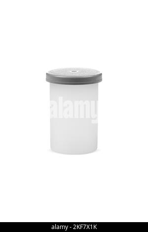 White 35mm photographic film can with gray cap isolated on white background Stock Photo