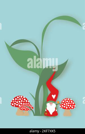 cute cartoon gnome with long red hat. Scandinavian Nordic Santa Claus Elf in the woodland, vector isolated on blue background. Christmas elements Stock Vector